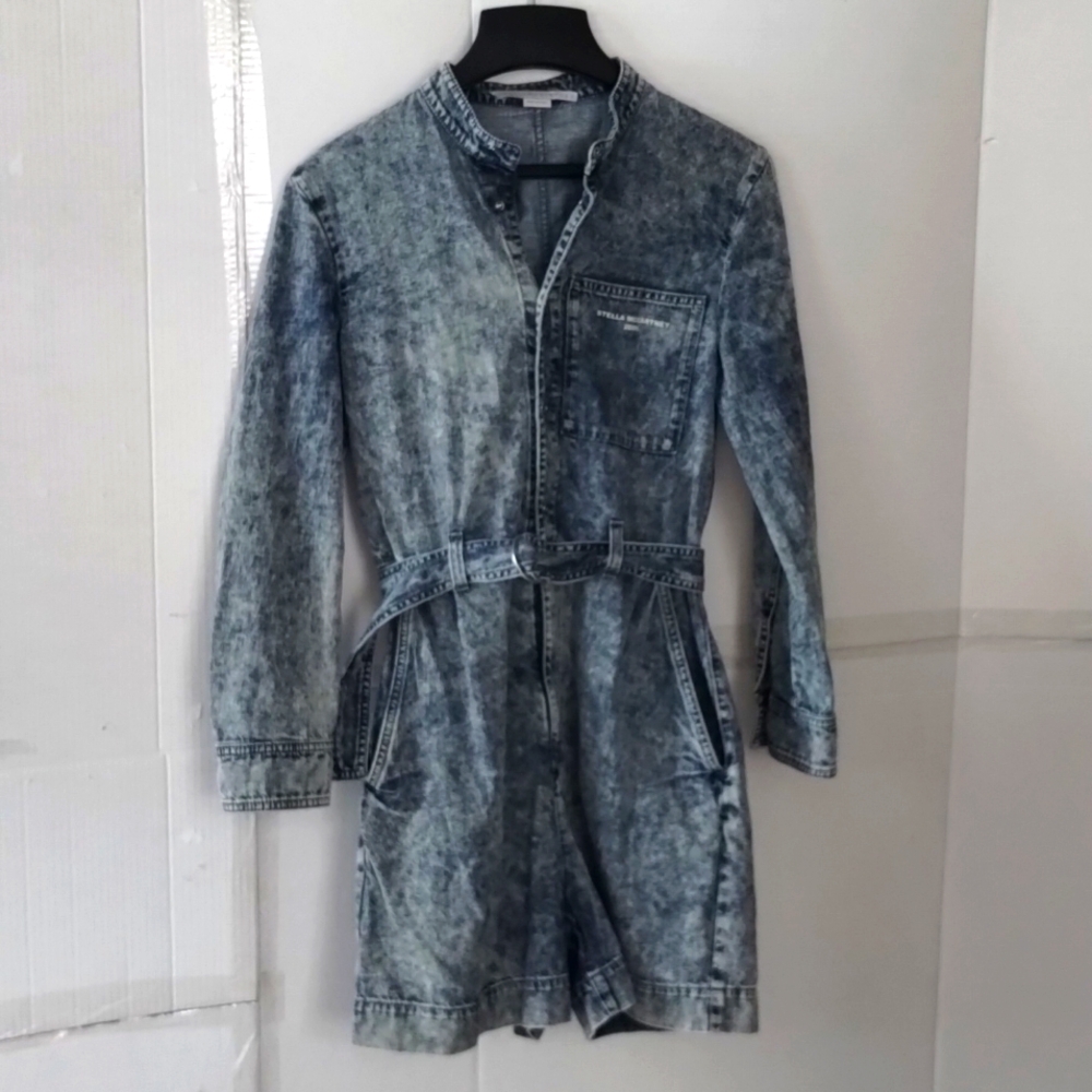 Stella McCartney Blue Denim  Short Jumpsuit Romper SZ 40 Chic Preppy Belted